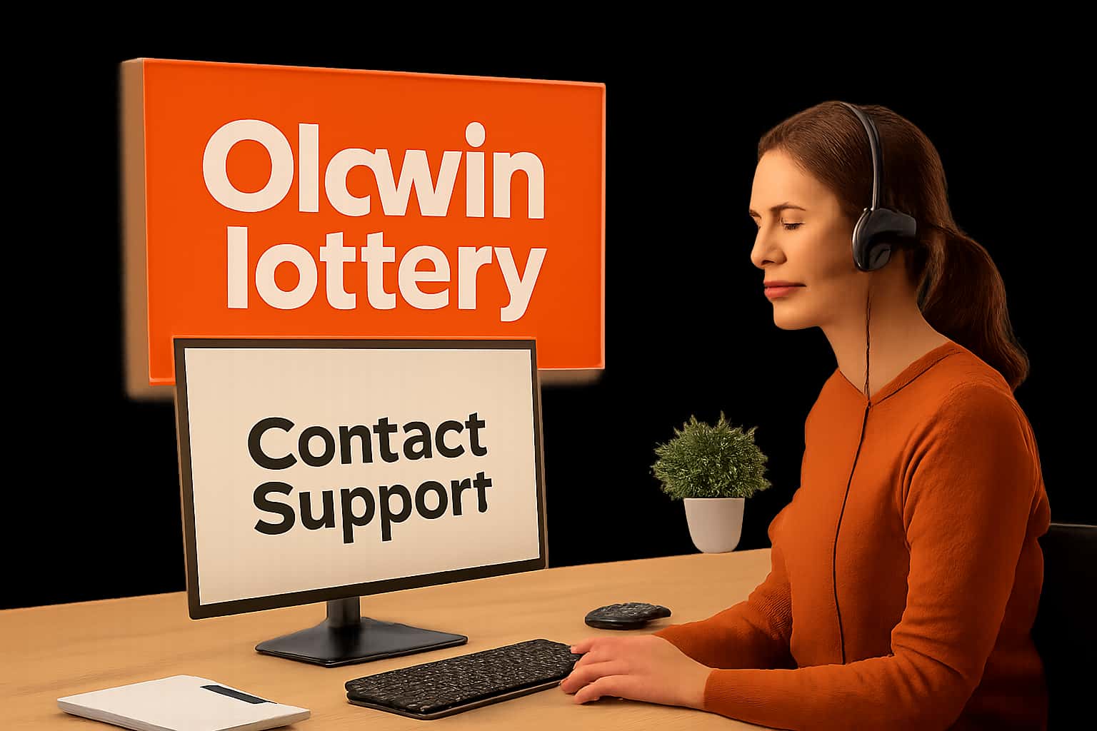 A representation of contacting Okwin lottery Support with a focus on user assistance.