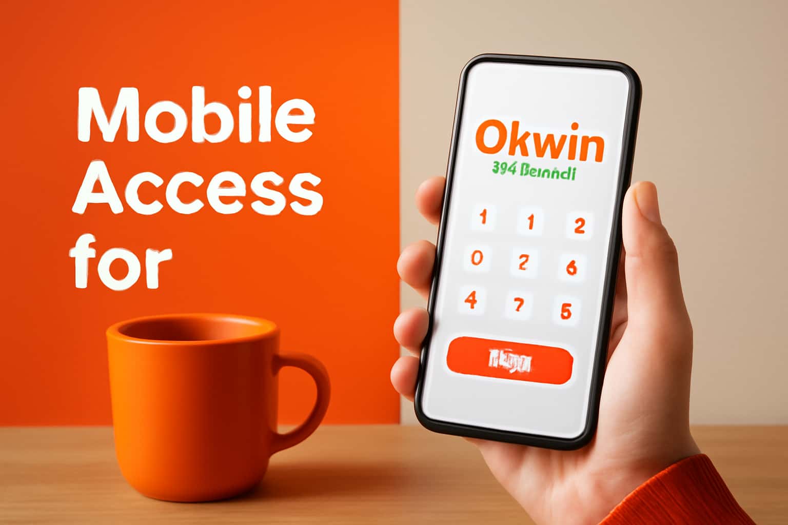 An informational graphic depicting mobile access features for Okwin lottery in a high-tech style.