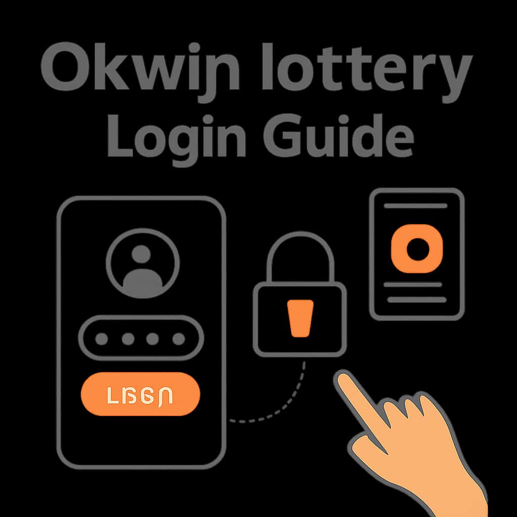 An educational diagram showing the login process for Okwin lottery with relevant text.
